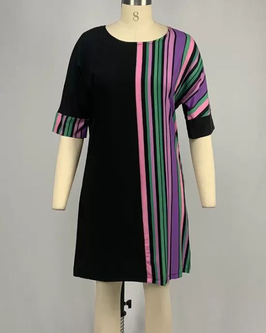 Asymmetric Contrast Color Striped A-line Half Sleeves Round-neck Mini Dresses