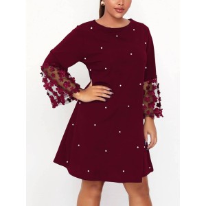 Mesh Polka-Dot Split-Joint Three-Dimensional Flower A-line Loose Round-neck Mini Dresses