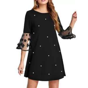 Mesh Polka-Dot Split-Joint Three-Dimensional Flower A-line Loose Round-neck Mini Dresses