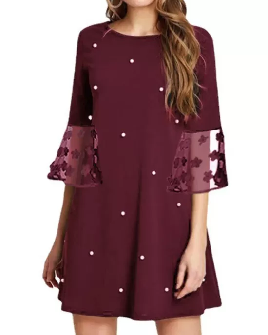 Mesh Polka-Dot Split-Joint Three-Dimensional Flower A-line Loose Round-neck Mini Dresses