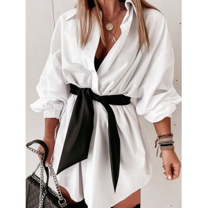 Elasticity Tied Waist Long Sleeves Loose Lapel Shirt Dress Mini Dresses