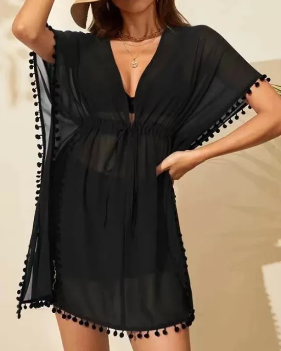 Drawstring See-Through Solid Color Tasseled Batwing Sleeves Loose V-Neck Mini Dresses Beach Cover-Up