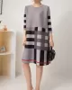 Contrast Color Plaid Pleated A-Line Loose Round-Neck Mini Dresses