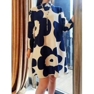 Flower Print Pleated Long Sleeves Loose Mock Neck Mini Dresses