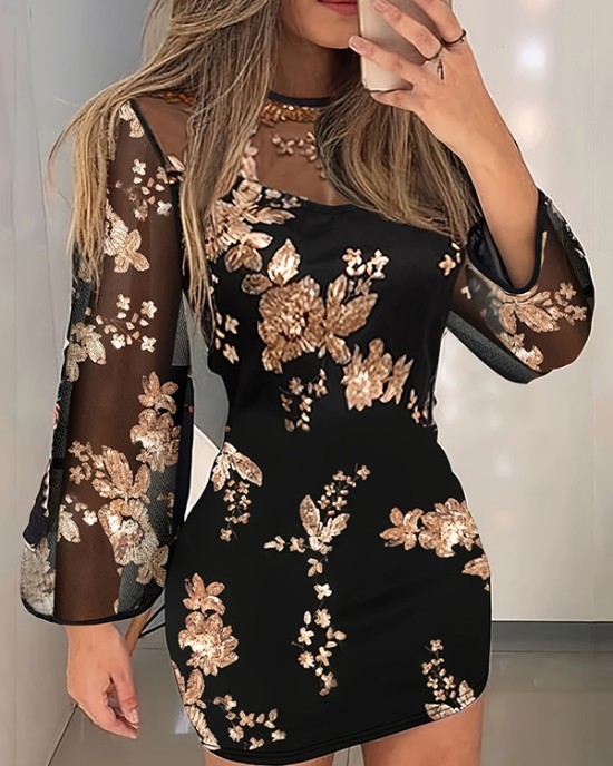 Mesh Sequined Split-Joint Bodycon Long Sleeves Round-Neck Mini Dresses