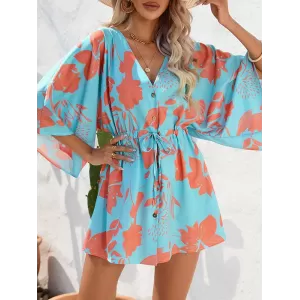 Buttoned Drawstring Flower Print A-Line Half Sleeves V-Neck Mini Dresses