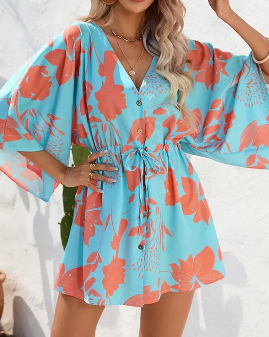 Buttoned Drawstring Flower Print A-Line Half Sleeves V-Neck Mini Dresses