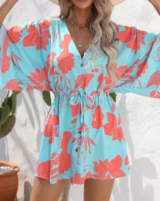 Buttoned Drawstring Flower Print A-Line Half Sleeves V-Neck Mini Dresses