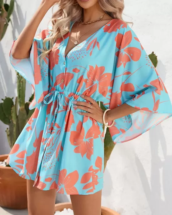 Buttoned Drawstring Flower Print A-Line Half Sleeves V-Neck Mini Dresses