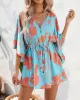 Buttoned Drawstring Flower Print A-Line Half Sleeves V-Neck Mini Dresses