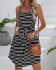 Buttoned Contrast Color Drawstring Pockets Striped A-Line Loose Spaghetti-Neck Mini Dresses