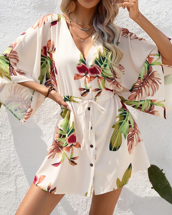 Buttoned Drawstring Leaves Print A-Line Half Sleeves V-Neck Mini Dresses