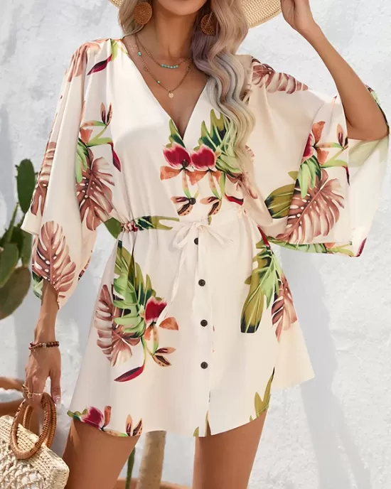 Buttoned Drawstring Leaves Print A-Line Half Sleeves V-Neck Mini Dresses