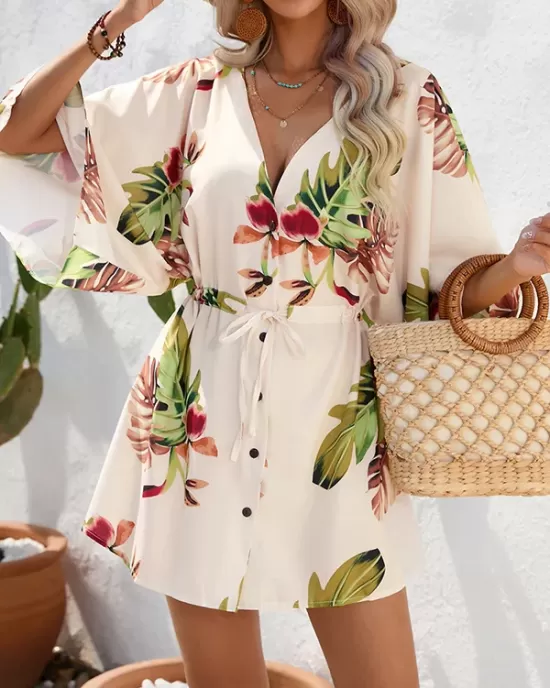 Buttoned Drawstring Leaves Print A-Line Half Sleeves V-Neck Mini Dresses