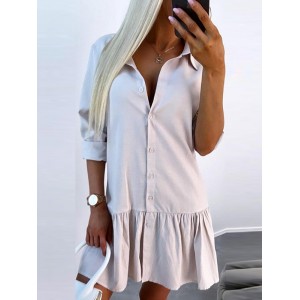 Buttoned Pleated Solid Color Split-Joint Long Sleeves Loose Lapel Shirt Dress Mini Dresses