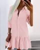 Buttoned Pleated Solid Color Split-Joint Long Sleeves Loose Lapel Shirt Dress Mini Dresses