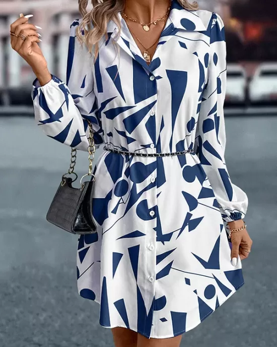 Printed Split-Joint Loose Puff Sleeves Lapel Shirt Dress Mini Dresses