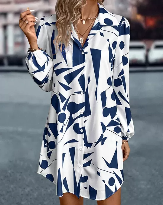 Printed Split-Joint Loose Puff Sleeves Lapel Shirt Dress Mini Dresses