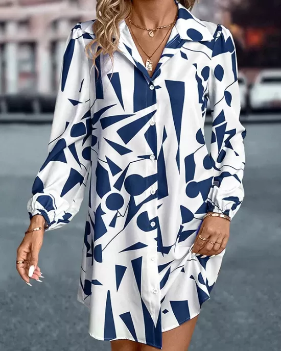 Printed Split-Joint Loose Puff Sleeves Lapel Shirt Dress Mini Dresses