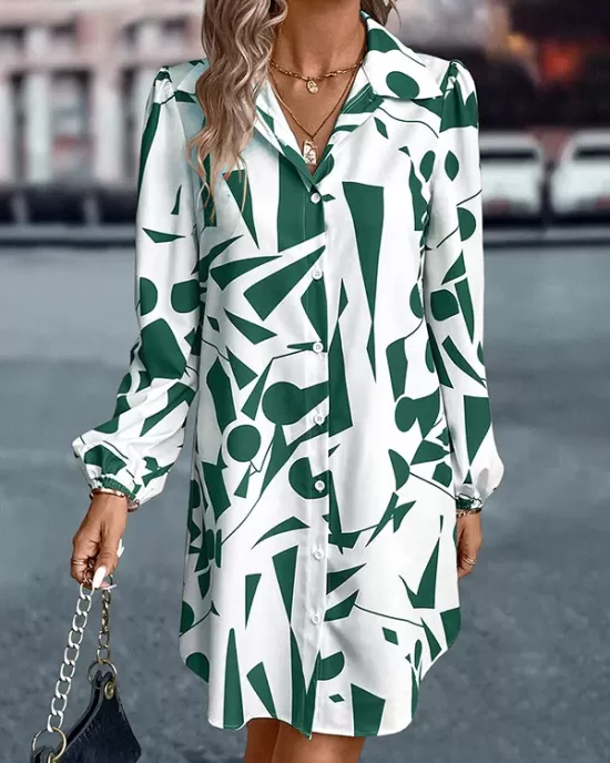 Printed Split-Joint Loose Puff Sleeves Lapel Shirt Dress Mini Dresses