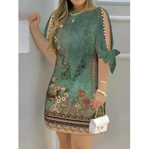 Hollow Printed Split-Joint Loose Short Sleeves Round-Neck Mini Dresses