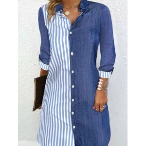 Asymmetric Split-Joint Striped Long Sleeves Loose Lapel Shirt Dress Mini Dresses