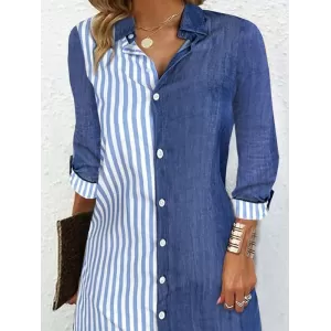 Asymmetric Split-Joint Striped Long Sleeves Loose Lapel Shirt Dress Mini Dresses