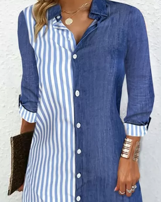 Asymmetric Split-Joint Striped Long Sleeves Loose Lapel Shirt Dress Mini Dresses