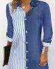 Asymmetric Split-Joint Striped Long Sleeves Loose Lapel Shirt Dress Mini Dresses