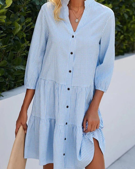 Buttoned Plaid Split-Joint A-Line Loose Stand Collar Shirt Dress Mini Dresses