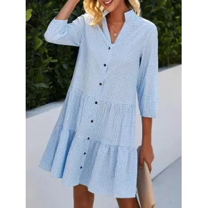 Buttoned Plaid Split-Joint A-Line Loose Stand Collar Shirt Dress Mini Dresses