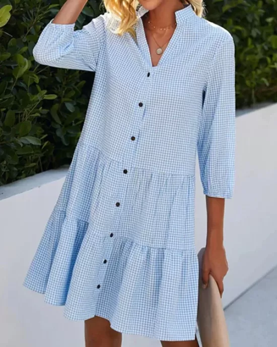 Buttoned Plaid Split-Joint A-Line Loose Stand Collar Shirt Dress Mini Dresses