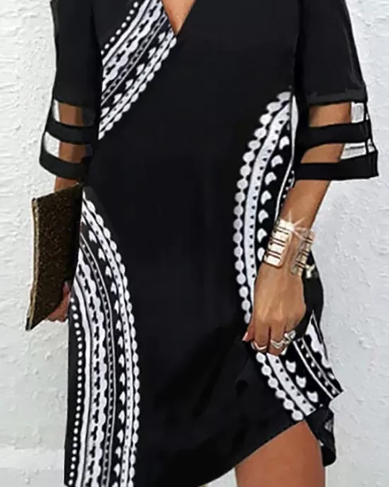 Hollow Mesh Printed Split-Joint Half Sleeves Loose Cold Shoulder Mini Dresses