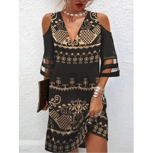 Hollow Mesh Printed Split-Joint Half Sleeves Loose Cold Shoulder Mini Dresses