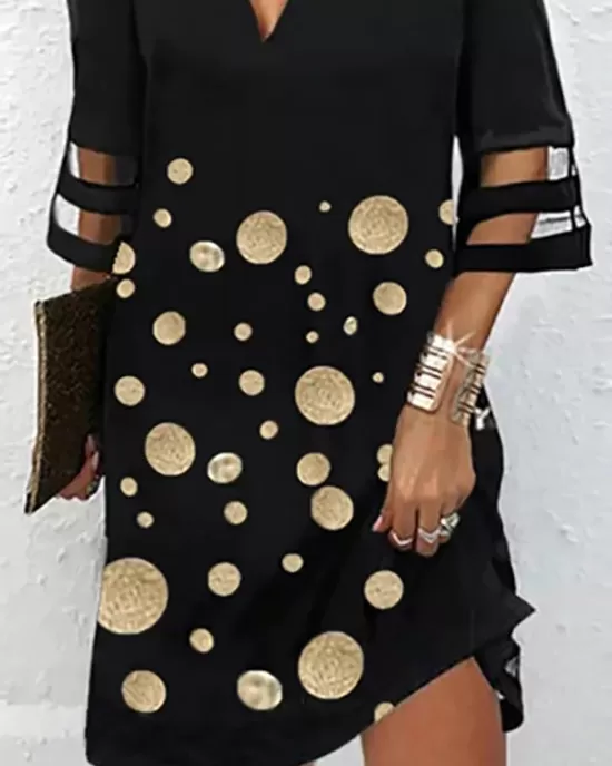 Hollow Mesh Polka-Dot Split-Joint Half Sleeves Loose Cold Shoulder Mini Dresses