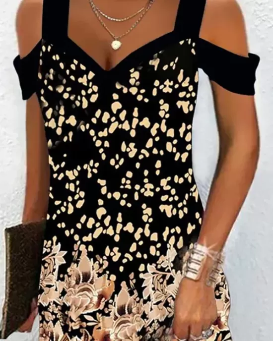 Flower Print Hollow A-Line High Waisted Cold Shoulder Mini Dresses