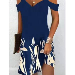 Hollow Leaves Print A-Line High Waisted Cold Shoulder Mini Dresses