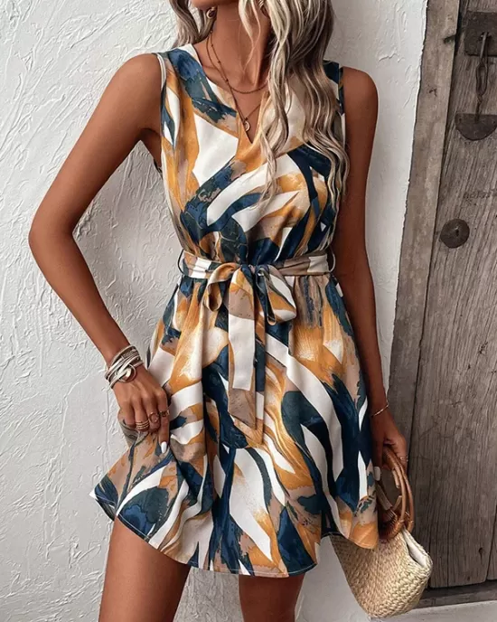 Printed Tied Waist A-Line Loose V-Neck Mini Dresses