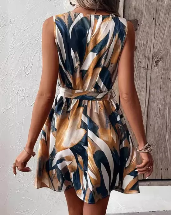 Printed Tied Waist A-Line Loose V-Neck Mini Dresses