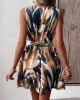 Printed Tied Waist A-Line Loose V-Neck Mini Dresses