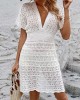 Hollow See-Through Solid Color Loose Short Sleeves Deep V-Neck Mini Dresses