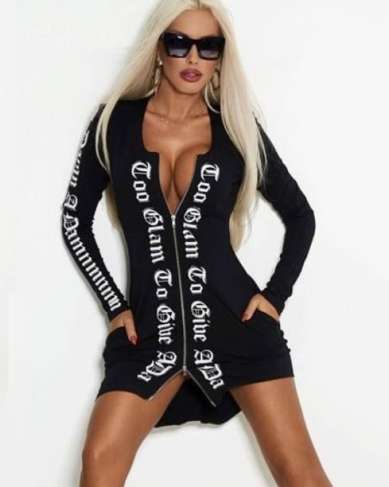 Letter Print Zipper Long Sleeves Mini Dress