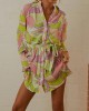 Buttoned Pleated Printed Tied Waist Long Sleeves Loose Lapel Mini Dresses