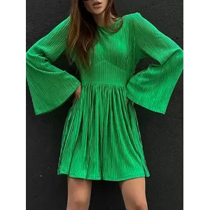 High-Waisted Pleated Solid Color Zipper A-line Flared Sleeves Round-neck Mini Dresses