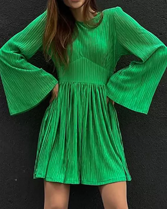 High-Waisted Pleated Solid Color Zipper A-line Flared Sleeves Round-neck Mini Dresses