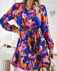 Printed Split-Joint Tied Waist Long Sleeves Loose V-Neck Mini Dresses