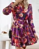 Printed Split-Joint Tied Waist Long Sleeves Loose V-Neck Mini Dresses