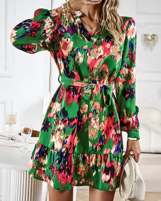 Printed Split-Joint Tied Waist Long Sleeves Loose V-Neck Mini Dresses