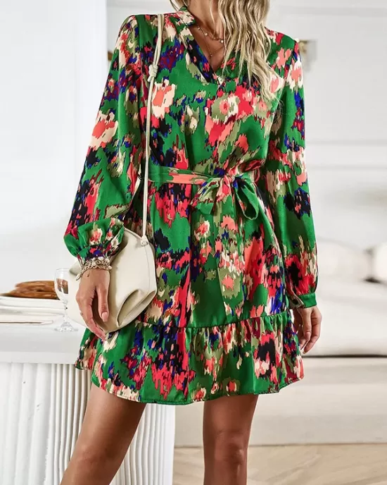 Printed Split-Joint Tied Waist Long Sleeves Loose V-Neck Mini Dresses