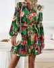 Printed Split-Joint Tied Waist Long Sleeves Loose V-Neck Mini Dresses